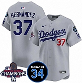 Men's Los Angeles Dodgers #37 Teoscar Hernandez Gray 2024 World Series Champions With Fernando Memorial Patch Vapor Premier Limited Stitched Jersey Dzhi,baseball caps,new era cap wholesale,wholesale hats